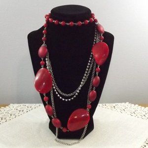 Red Silver and Rhinestone Multi-Strand Necklace